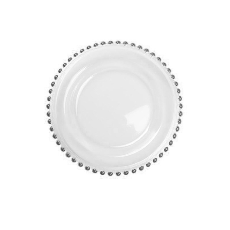 New Arrival Wedding Decorative Round Glass Clear Plastic Charger Plate Dish with Gold Beads Rim for Dinner Plate