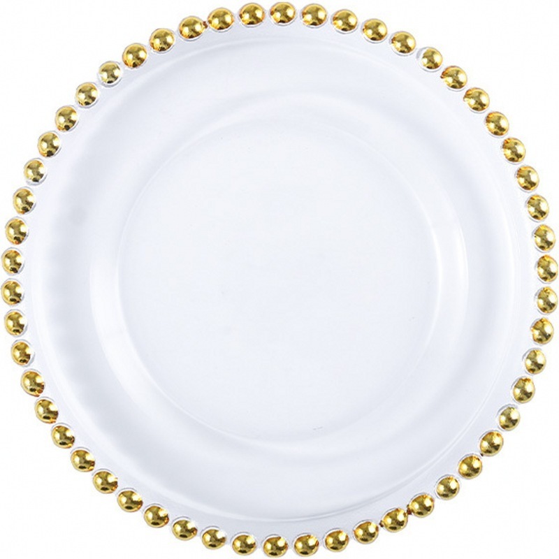 New Arrival Wedding Decorative Round Glass Clear Plastic Charger Plate Dish with Gold Beads Rim for Dinner Plate