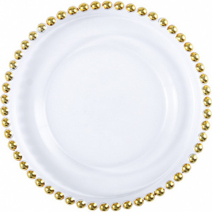 New Arrival Wedding Decorative Round Glass Clear Plastic Charger Plate Dish with Gold Beads Rim for Dinner Plate