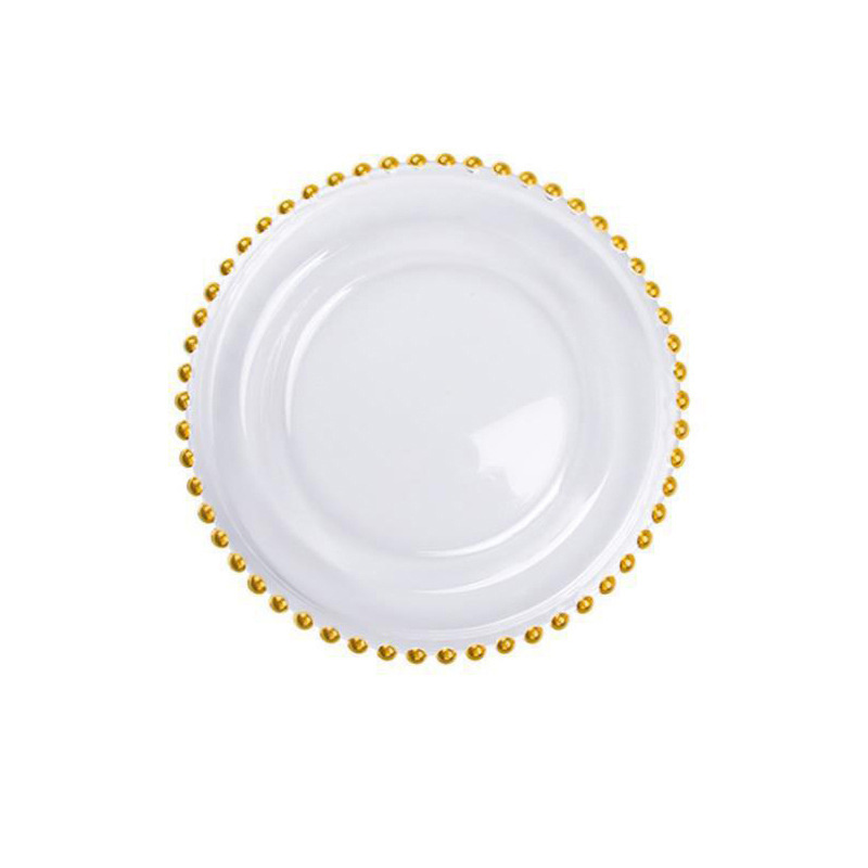 New Arrival Wedding Decorative Round Glass Clear Plastic Charger Plate Dish with Gold Beads Rim for Dinner Plate