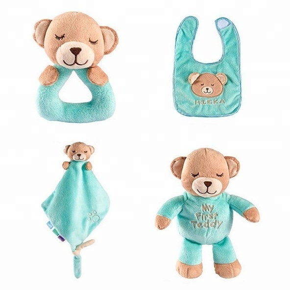 4 PCS Soft Plush Sleeping Teddy Bear Toy Comforter Blanket Cartoon Infant Stuffed Animal Bear Baby Rattle Newborn Baby Gift Set