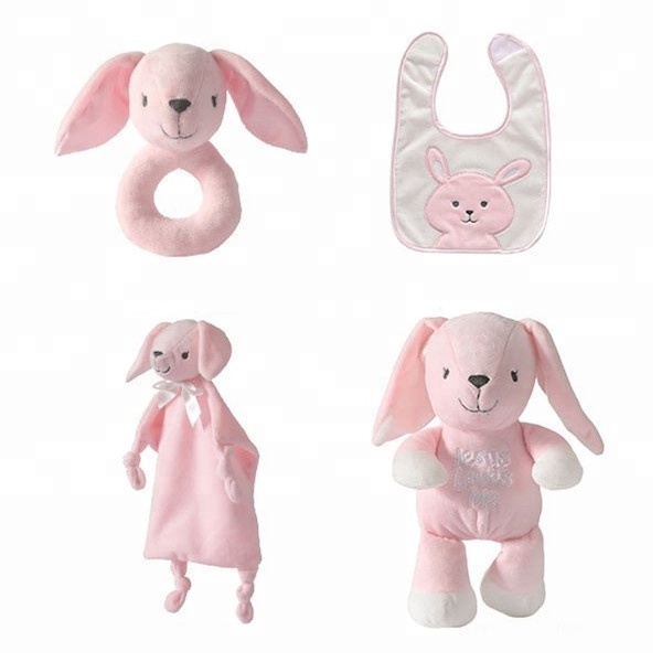 4 PCS Soft Plush Sleeping Teddy Bear Toy Comforter Blanket Cartoon Infant Stuffed Animal Bear Baby Rattle Newborn Baby Gift Set