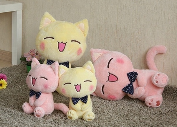 Beautiful Pink Lifelike Kitty Cat Plush Toy With Tie Bow Fashion Custom Cute Kids Smile Stuffed Animal Soft Plush Toy Cat