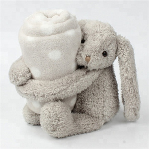 100% Cotton Polar Coral Fleece Baby Swaddle Blanket OEM Custom Cute Long Ears Kids Soft Plush Grey Bunny Rabbit Baby Blanket