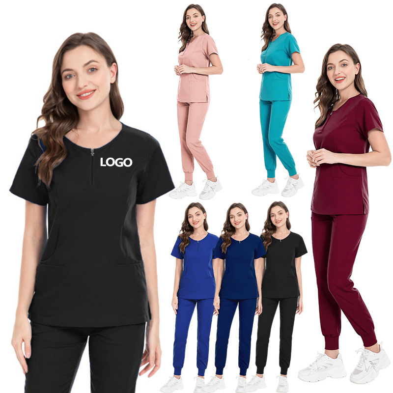 Custom Logo zipper neck scrubs Double pocketed top jogging suit Dentist clinic hospital school hotel aesthetic nurse uniform