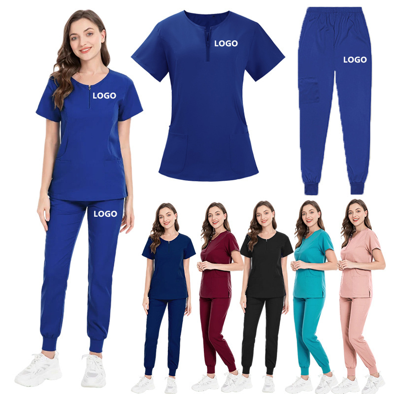 Custom Logo zipper neck scrubs Double pocketed top jogging suit Dentist clinic hospital school hotel aesthetic nurse uniform