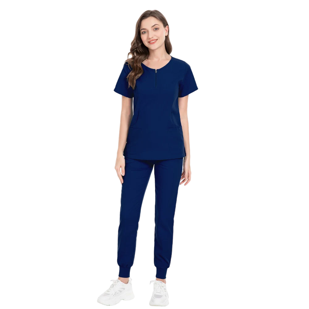 Custom Logo zipper neck scrubs Double pocketed top jogging suit Dentist clinic hospital school hotel aesthetic nurse uniform