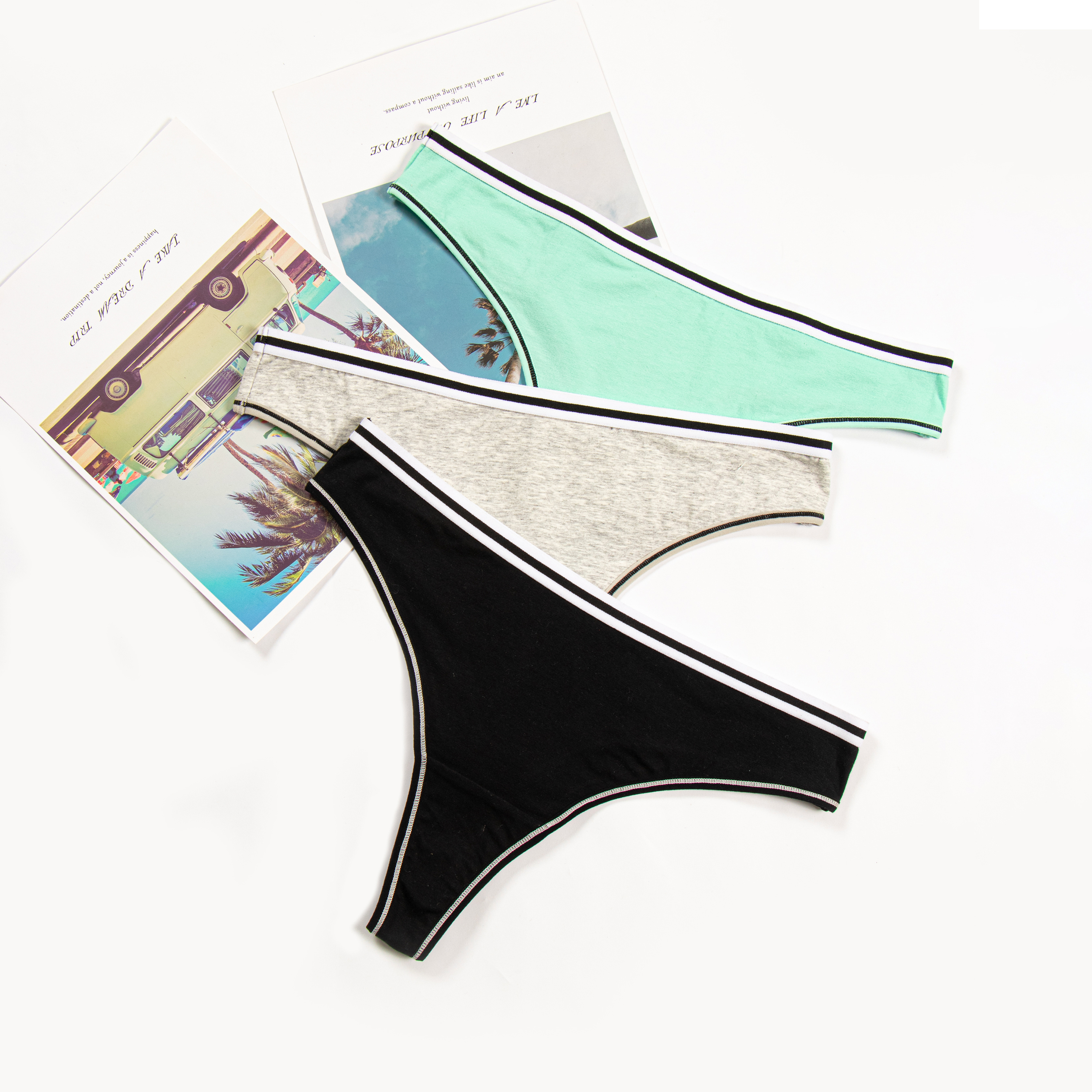 High quality Beautiful Waist Logo Black White Cotton Ladies Underwear Thongs For Women