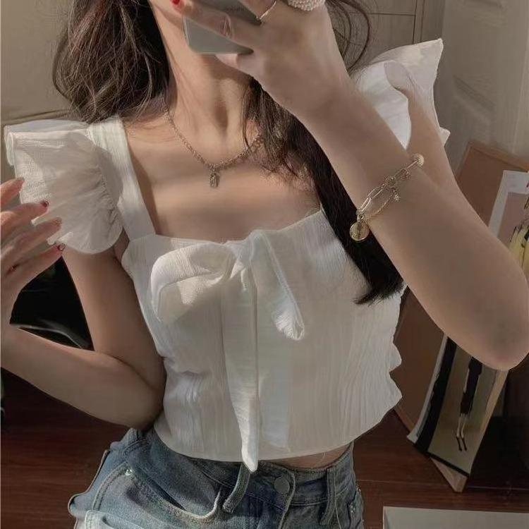 French chiffon shirt women's summer flying sleeves loose and slim shirt western style age-reducing blouse French top