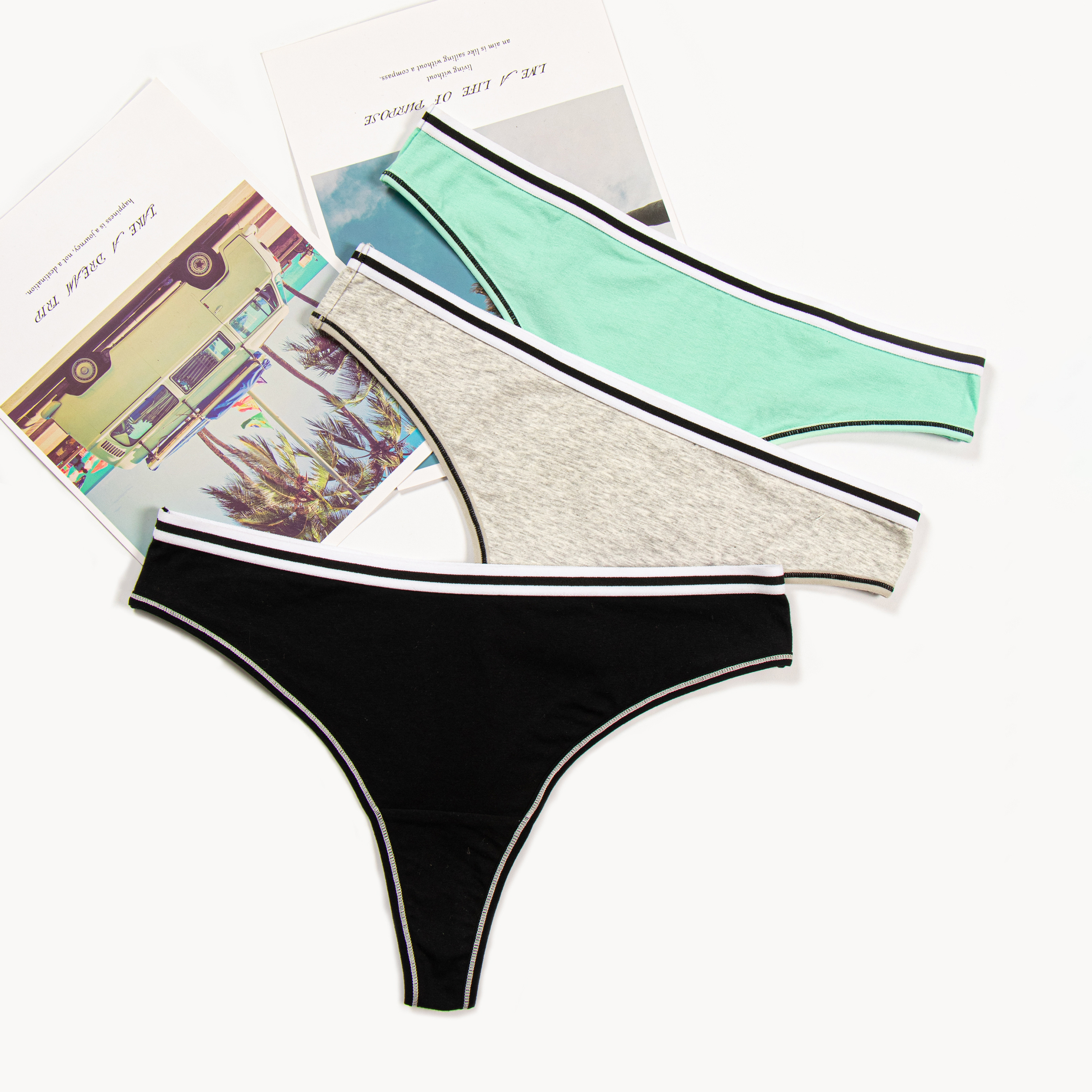 High quality Beautiful Waist Logo Black White Cotton Ladies Underwear Thongs For Women