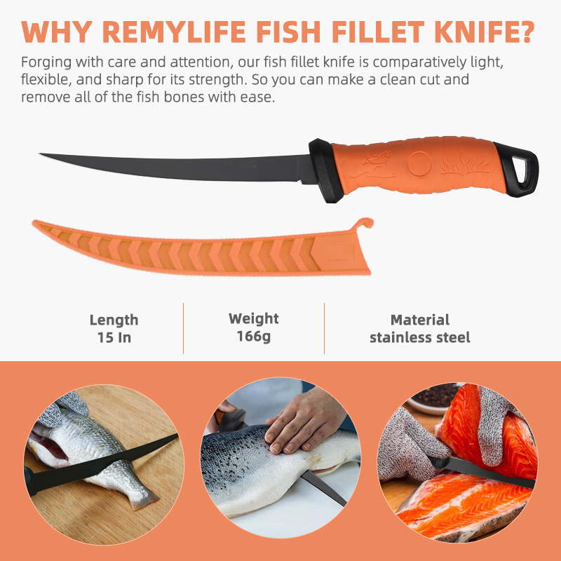 Custom OEM/ODM Outdoors Fish Cutting Fillet Knife Non-stick Coating PP+TPR Soft Handle Stainless Steel Fishing Knife