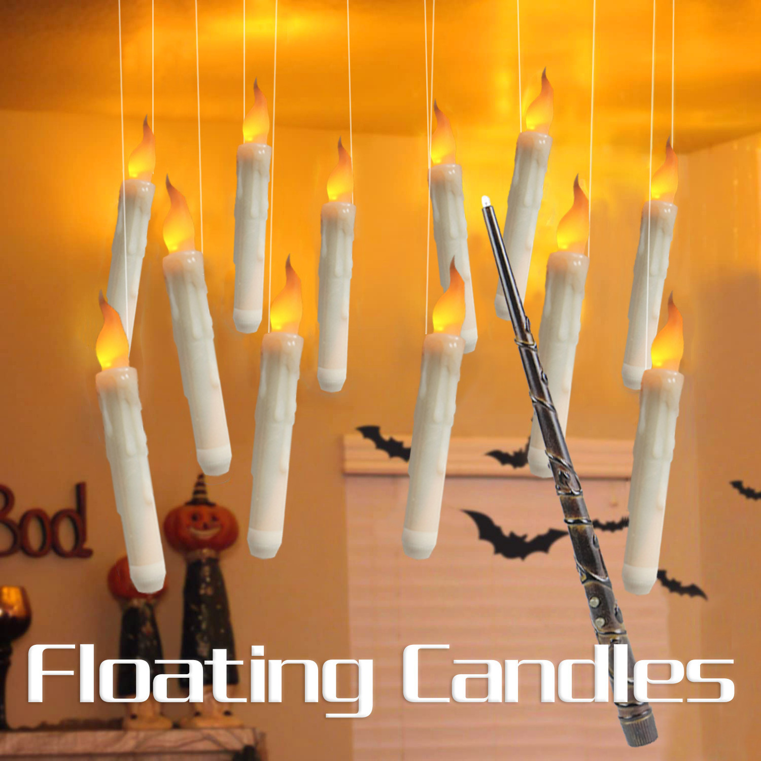 Flameless Battery Operated Floating Candles Hanging Window Candles With Magic Wand Remote for Christmas Halloween Decor