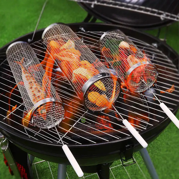 Round Portable Grill Baskets Stainless Steel Metal Net Tube Bbq Barbecue Basket Cylinder Rolling Grilling Basket