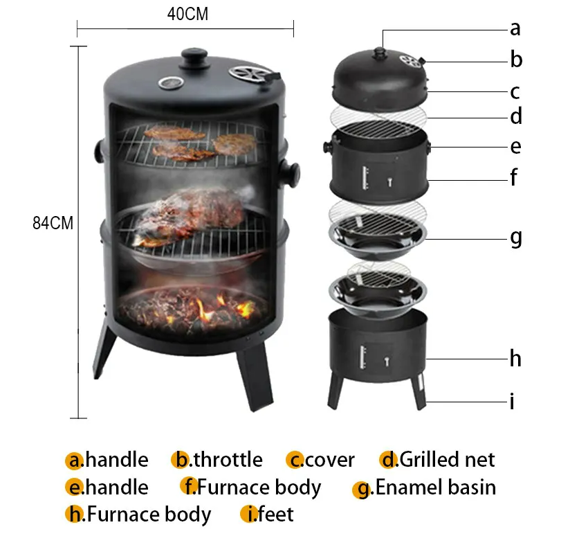 3 in 1 Smokeless 3 layers Tower Barrel Charcoal barbecue Grill Smoker