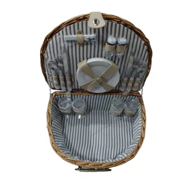 High Quality Custom Portable Empty Handmade Half Round Storage Box Rattan Willow Wicker Picnic Basket Hamper Set For 2 Persons