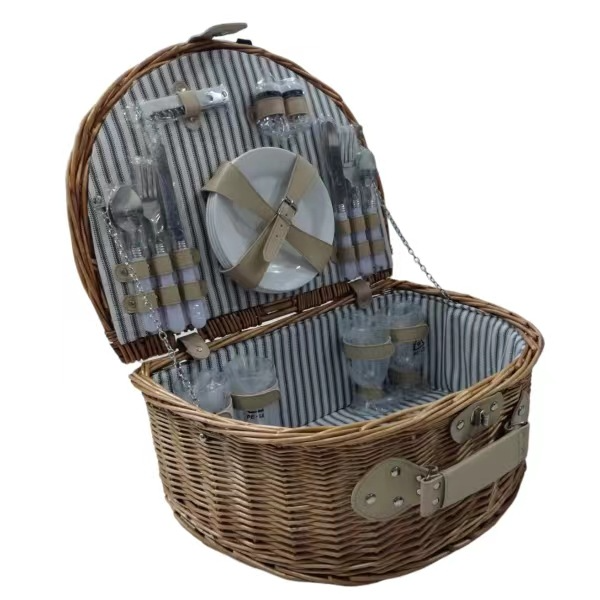 High Quality Custom Portable Empty Handmade Half Round Storage Box Rattan Willow Wicker Picnic Basket Hamper Set For 2 Persons