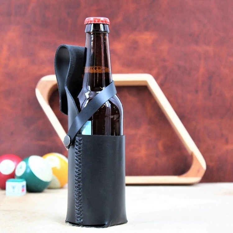 Hot Selling Custom Logo Cooler Beer Bottle Holder Luxury Handmade Genuine Leather Portable Bottle Holder