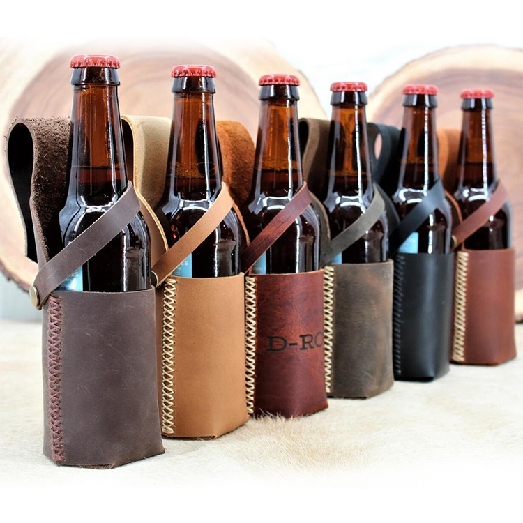 Hot Selling Custom Logo Cooler Beer Bottle Holder Luxury Handmade Genuine Leather Portable Bottle Holder