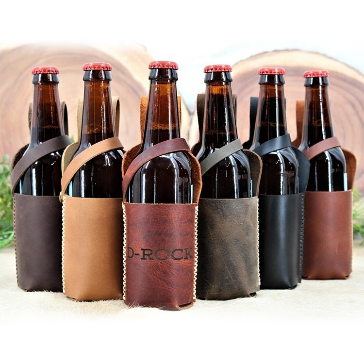 Hot Selling Custom Logo Cooler Beer Bottle Holder Luxury Handmade Genuine Leather Portable Bottle Holder