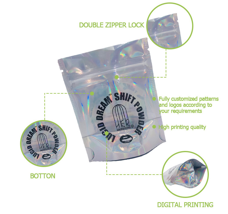 Custom aluminum foil logo zipper resealable Smell Proof l mylar plastic edible food packaging hologram bags