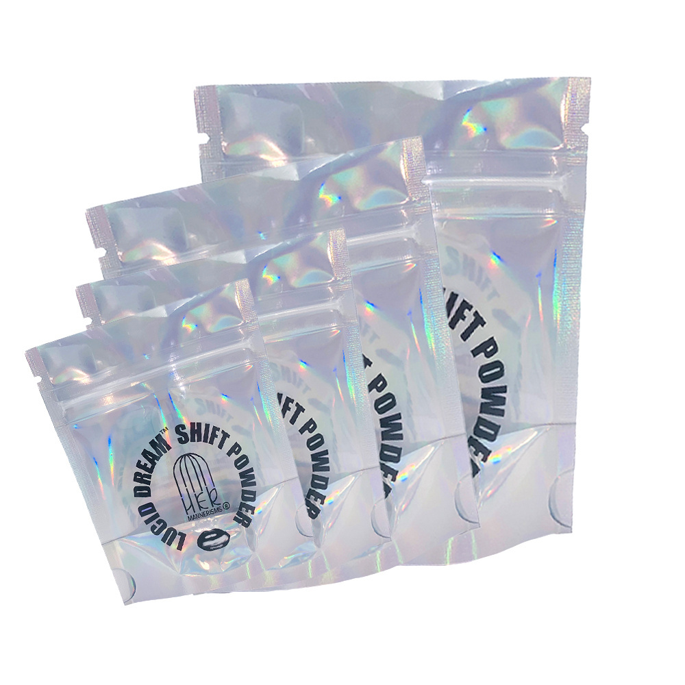 Custom aluminum foil logo zipper resealable Smell Proof l mylar plastic edible food packaging hologram bags