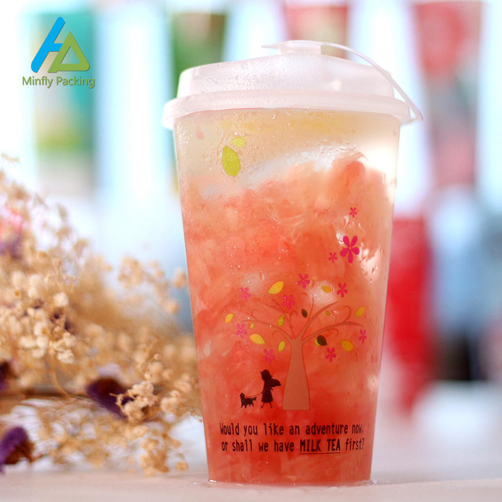 Minfly Digital Printing Custom Plastic Disposable PP Logo Boba Milk Smoothie Milkshake and Tea Cups Bubble Tea Cup with Lid