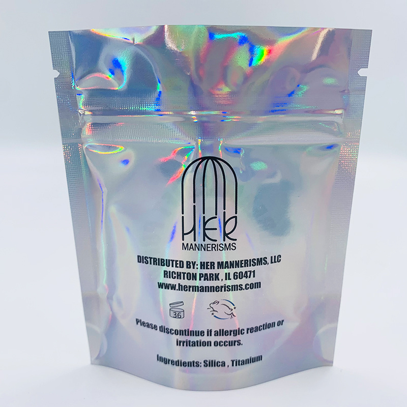 Costom Holographic Mylar Zipper Bags Aluminum Foil Hologram Food Pouch Stand up Zipper  Holographic Bag