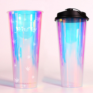 Minfly Custom IML Laser Bubble Rainbow Hot Cold Disposable Translucent Plastic PP Boba Milk Milkshake and Tea Cups with Lid