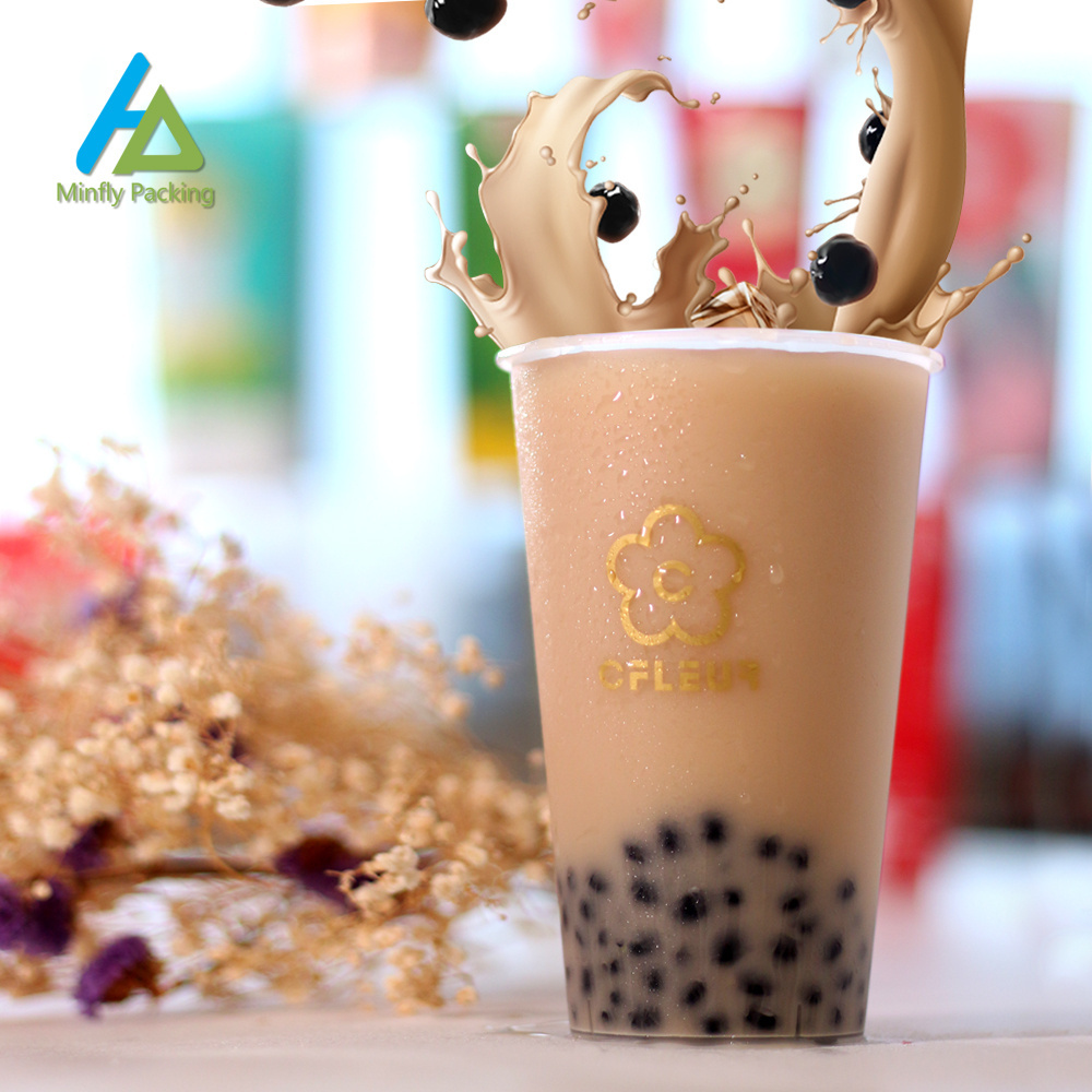 Minfly Digital Printing Custom Plastic Disposable PP Logo Boba Milk Smoothie Milkshake and Tea Cups Bubble Tea Cup with Lid