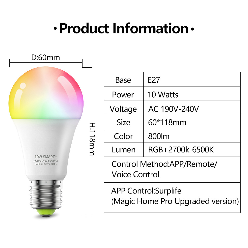 Smart home lighting bulb wholesale 10W E27 RGB CCT A19 smart bulb with app WiFi voice remote control for bedroom