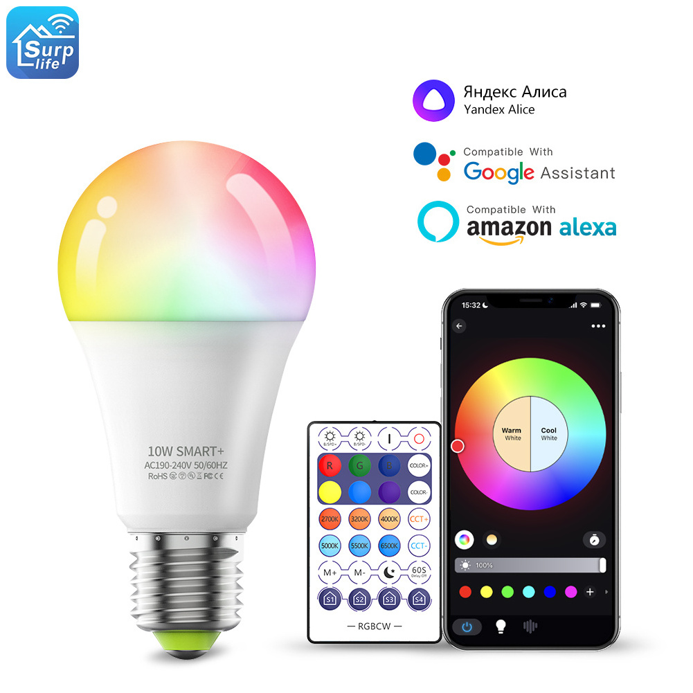 High quality smart bulb Six in one box A60 10W dimmable RGB smart light bulb with app wifi voice remote control