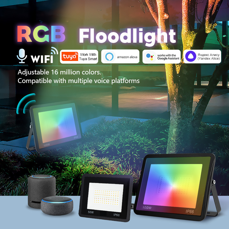 Tuya Smart Outdoor Lighting  IP66 30W 50W 100W RGB LED flood light with Amazon Alexa Google home voice control