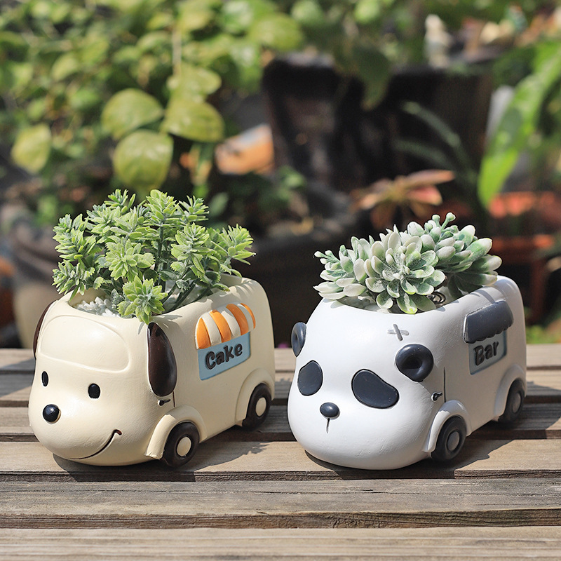 MB1 Four Styles Cute Personalized Healing Cartoon Animal Party Camper Bus Flower Pots Resin Succulent Pot