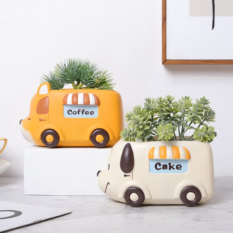 MB1 Four Styles Cute Personalized Healing Cartoon Animal Party Camper Bus Flower Pots Resin Succulent Pot