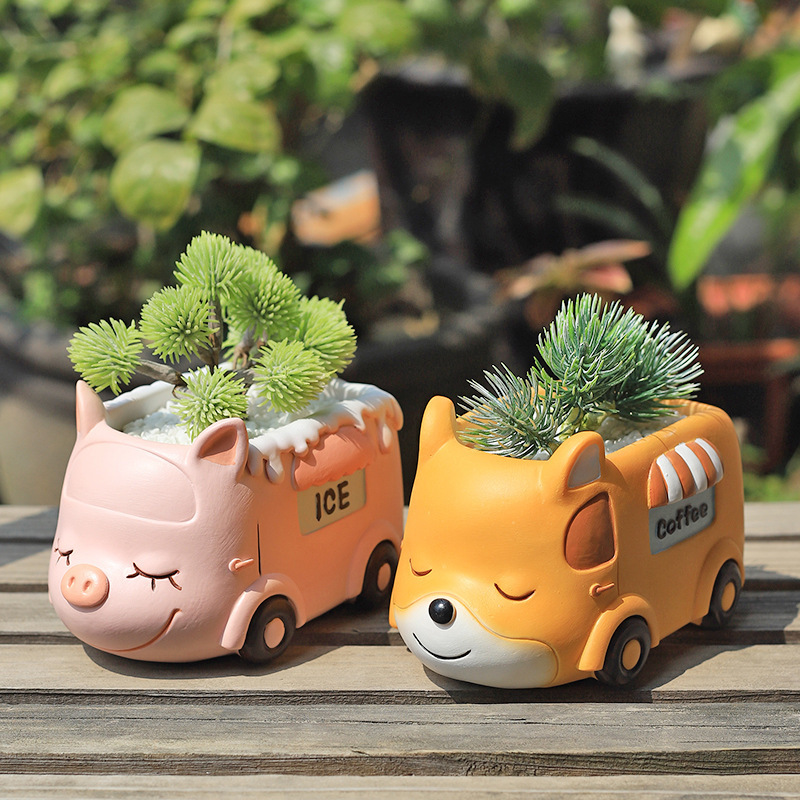 MB1 Four Styles Cute Personalized Healing Cartoon Animal Party Camper Bus Flower Pots Resin Succulent Pot