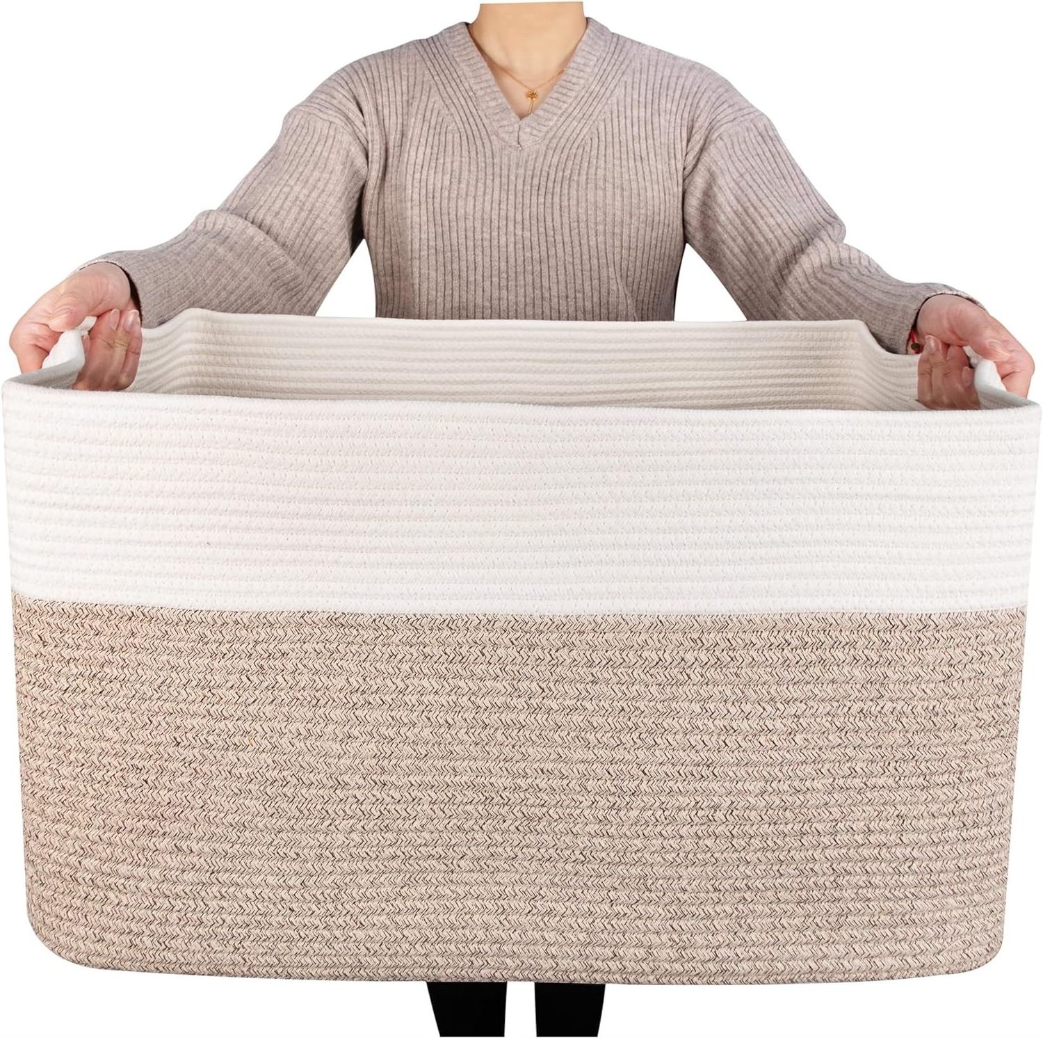 Extra Large Blanket Basket Holder Living Room Towel Shoe Laundry Basket Rectangle Rope Woven Storage Baskets with Handles