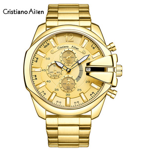 Cristiano AillenThree Eyes Unique Design Big Dial Face Gold Alloy Case Men Business Quartz Watch