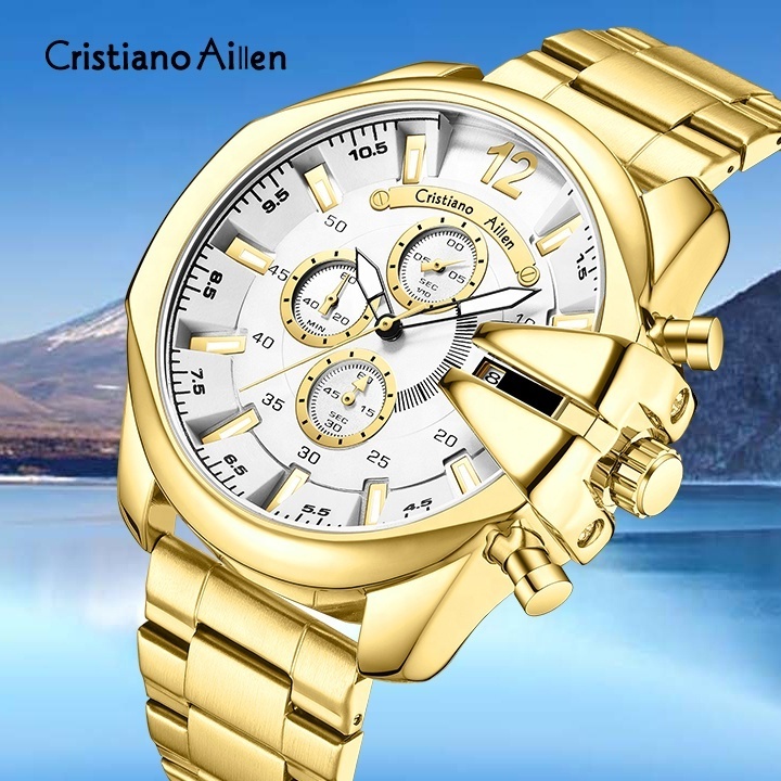 Cristiano Aillen  Men Watches Chronograph Quartz Watch Men Stainless Steel Waterproof Sports Clock Watches Business