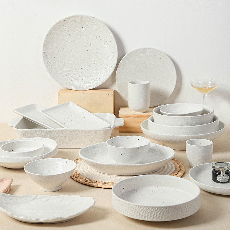 Restaurant Designer Luxury White Matt Glaze Plates Bowls Dishes Ceramic Porcelain Dinner Dinnerware Sets