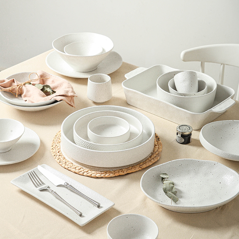 Restaurant Designer Luxury White Matt Glaze Plates Bowls Dishes Ceramic Porcelain Dinner Dinnerware Sets