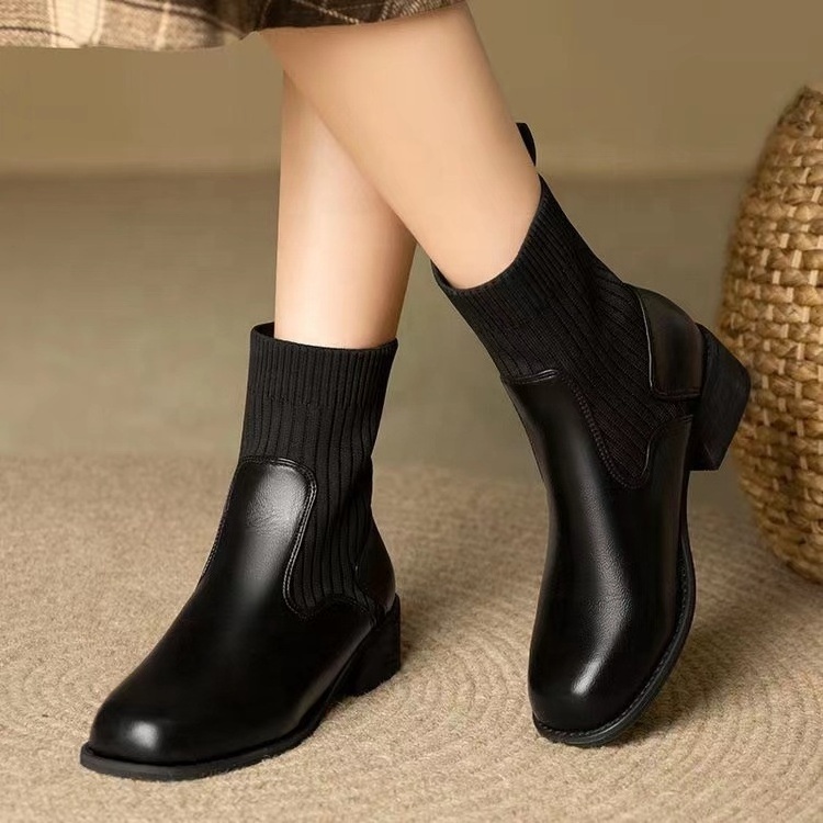 Fly Weaving Thick Heel Flat Bottom Knitted Elastic Sock Boots Round Toe Vintage Martin Boots