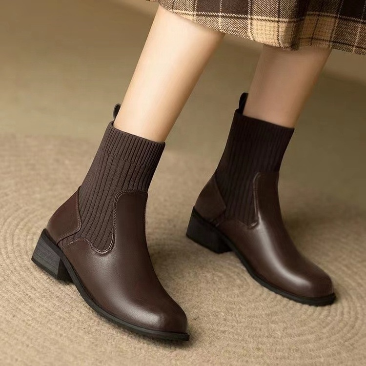 Fly Weaving Thick Heel Flat Bottom Knitted Elastic Sock Boots Round Toe Vintage Martin Boots