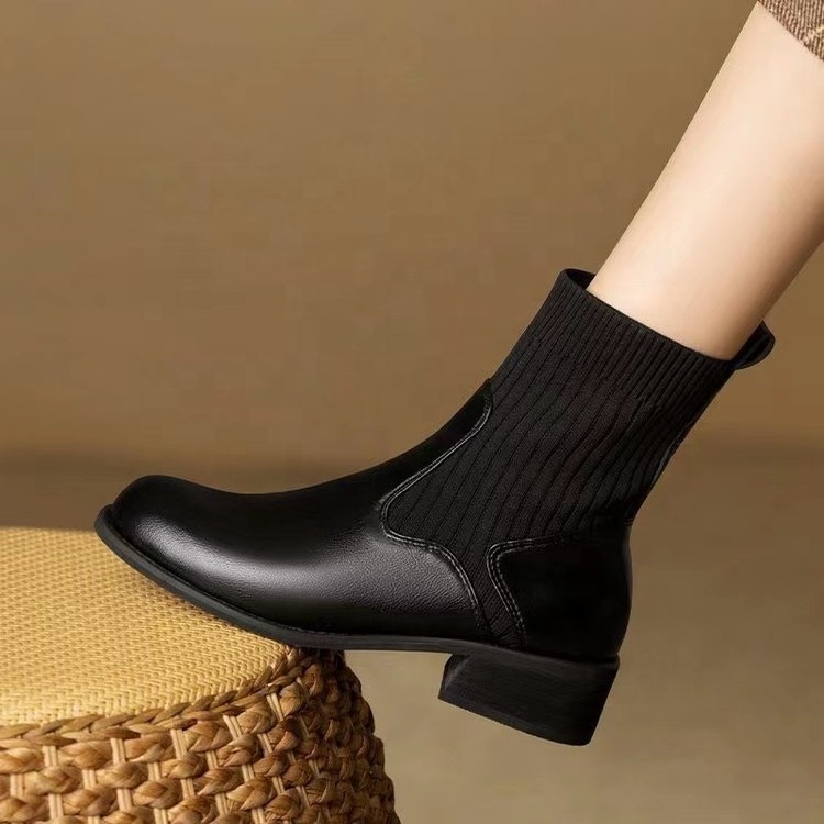 Fly Weaving Thick Heel Flat Bottom Knitted Elastic Sock Boots Round Toe Vintage Martin Boots