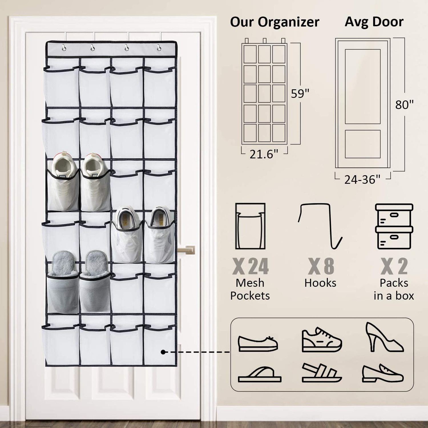 Hanging Shoe Holder with 24 Durable Large Thickened Mesh pockets of Over the Door Shoe Organizer