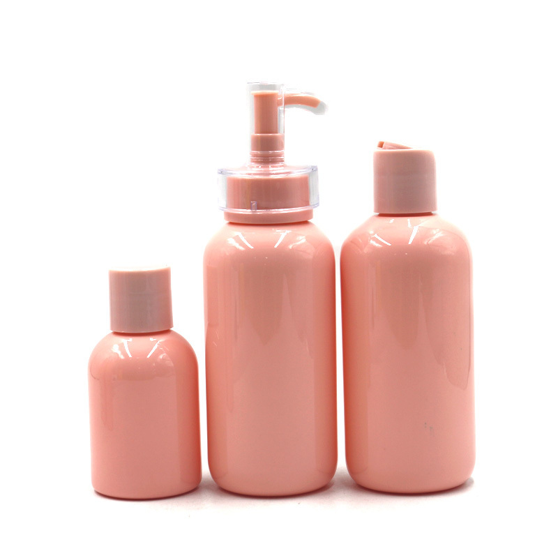 Factory hot sale cosmetic pink color skin care bottle 100ml 200ml 250ml lotion shampoo cosmetic container with pink pump