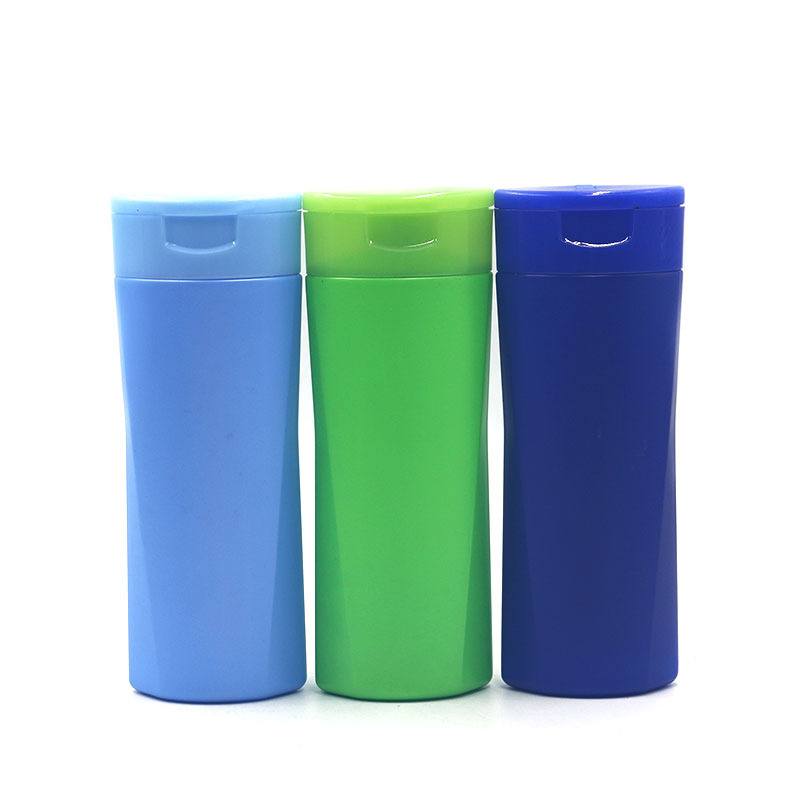 200ml 400ml plastic HDPE flat squeeze shampoo bottle with big flip cap blue green hair wash container packaging