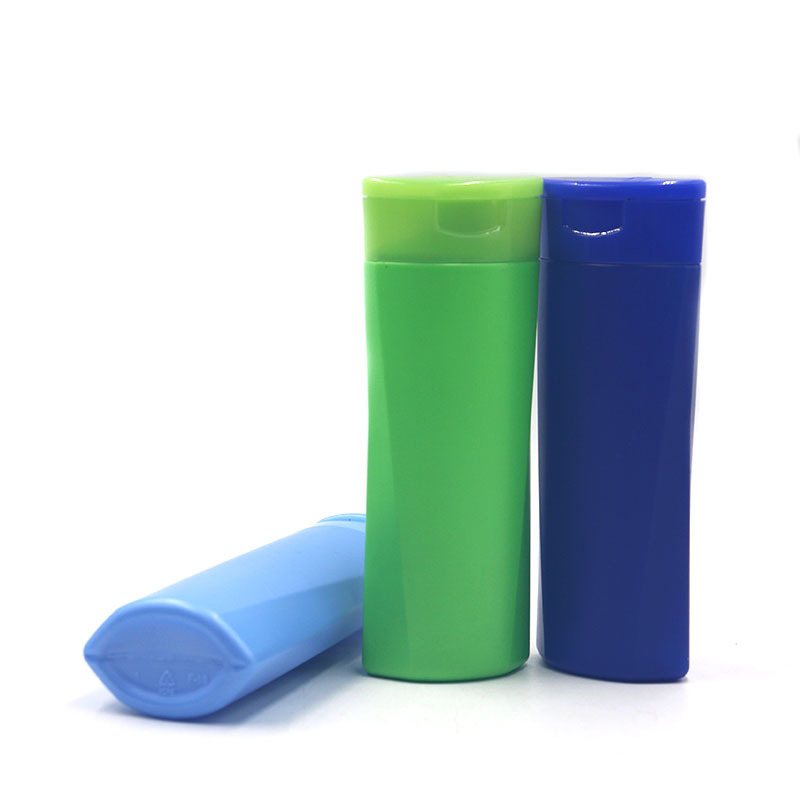 200ml 400ml plastic HDPE flat squeeze shampoo bottle with big flip cap blue green hair wash container packaging