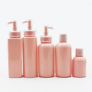 Factory hot sale cosmetic pink color skin care bottle 100ml 200ml 250ml lotion shampoo cosmetic container with pink pump