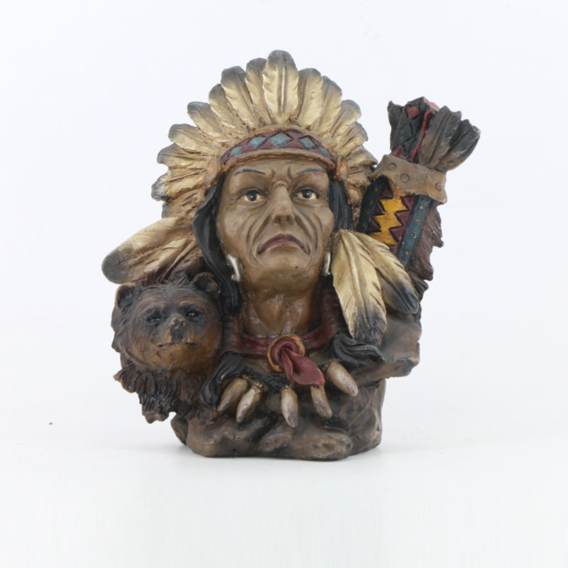 European Style Indoor Decorative Resin Indian Chief Collections Antique Indians Head Bronze Statue with Wolf Statues for Table