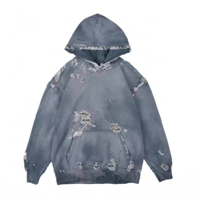 Custom Patch Embroidery Men Sun Dyed Ripped Oversized Hoodies Heavy Weight Cotton Acid Washed Distressed Hoodie